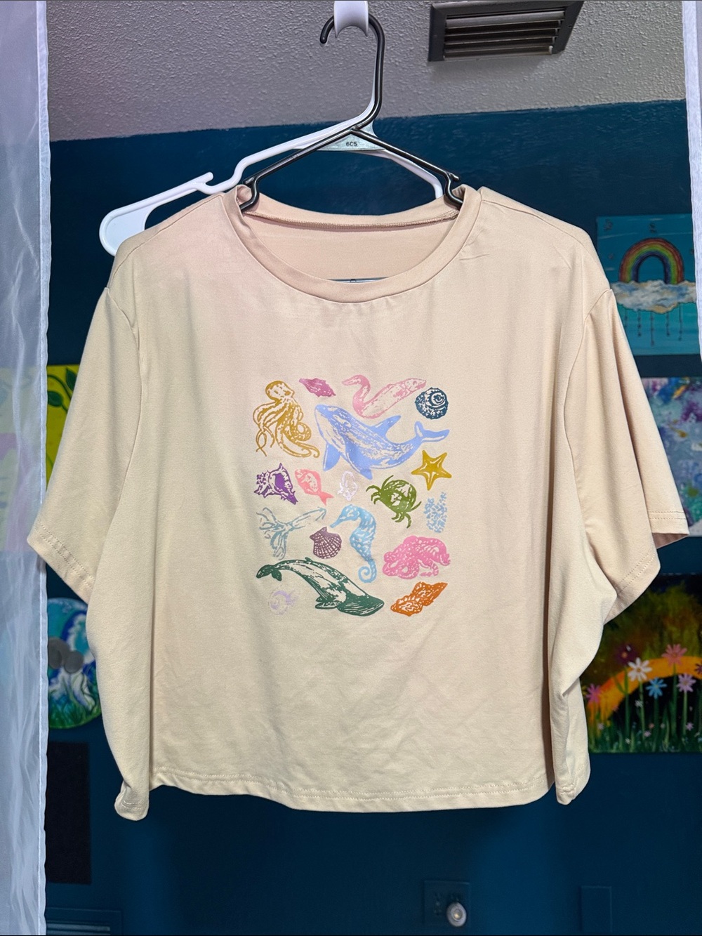 Coastal Icons Crop Top- Cream with Multicolor Sea Motifs